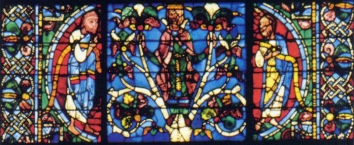 Chartres, wurzel-Jesse-Fenster; links Ezechiel; Mitte: Salomon gem der Knigslinie des Hauses David; rechts Micha