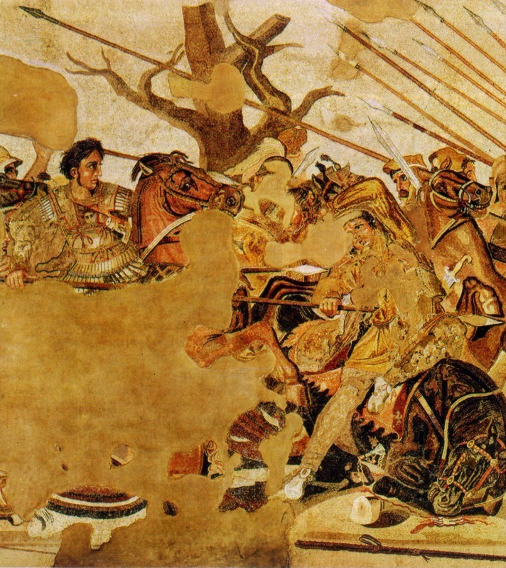 linke Hlfte: Alexander, ohne Helm, auf der Brust das Gorgonenhaupt, mit Blick auf die Gesamtsituation und den entsetzt fliehenden Groknig vorpreschend