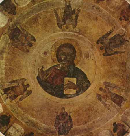 Pantokrator zwischen (ganz oben) Johannes dem Vorlufer (als vorhergesandtem Engel), den vier Erzengeln Michael, Gabriel, Raphael und Uriel, und unten Maria als Gottesmutter (Theotokos)