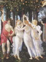 Botticelli: Primavera. In der Mitte Venus, links Merkur und die drei Grazien, rechts die Frhlingsgttin und der Zephyr