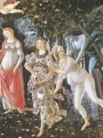 Botticelli: Primavera. In der Mitte Venus, links Merkur und die drei Grazien, rechts die Frhlingsgttin und der Zephyr