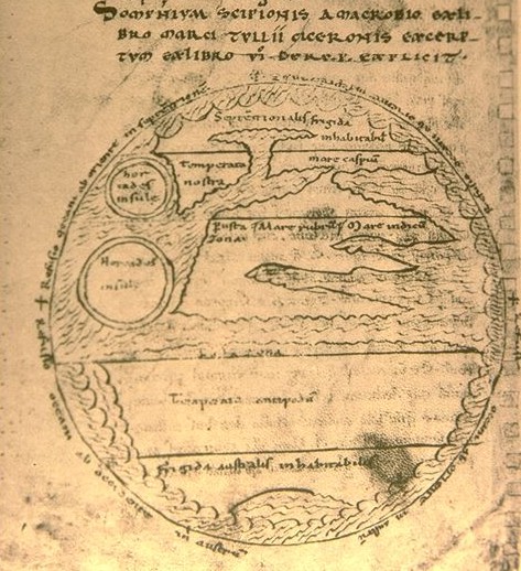 Zonen-Weltkarte zu Macrobius (5.Jhd.), Kommentar zu Ciceros Somnium Scipionis, franzsisches Manuskript des 12. Jahrhunderts n.Chr.