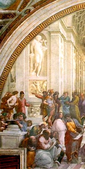 Raffael, Philosophenschule von Athen: Pythagoras-Seite mit Epikur und Zenon sowie Averroes, oben Sokrates  zur greren Teilversion bitte anklicken